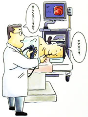 医師「苦しくないですか？」、患者さん「大丈夫です。」